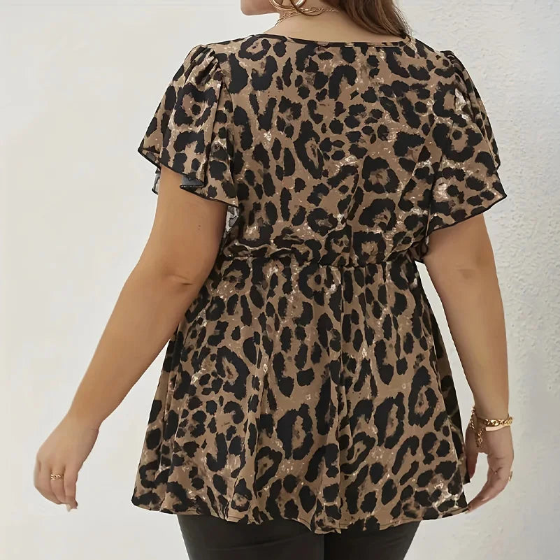 Plus Size Women's Shirt, Leopard Print Round Neck Waist Short-Sleeved Shirt, Holiday Casual Top