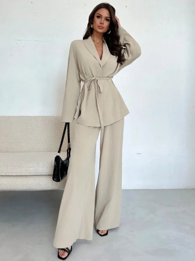 2025 Autumn Winter European American Fashion V-neck Women's Temperament Long-sleeved Elegant Wide-leg Pants Set