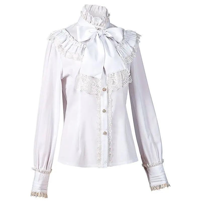 2025 Spring Women's Shirt Medieval Vampire Prince Poet Frills Lace Up Stand Neck Vintage Gothic Blouse Cosplay Performance Tops