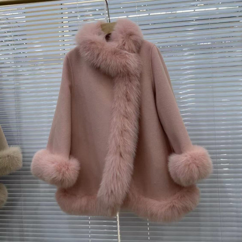 2025 Real Fur Coat Winter Jacket Women Natural Fox Fur Collar Warm Cashmere Wool Woolen Ladies Outerwear Streetwear Fashion