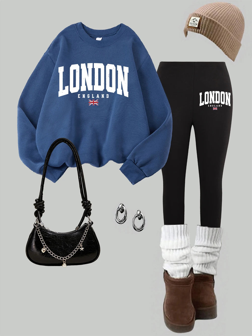 2 Piece Womens London England Flag Printing Sweatshirts Leggings Set Street Fleece Thermal Hoodie Pants Winter Womans Clothes