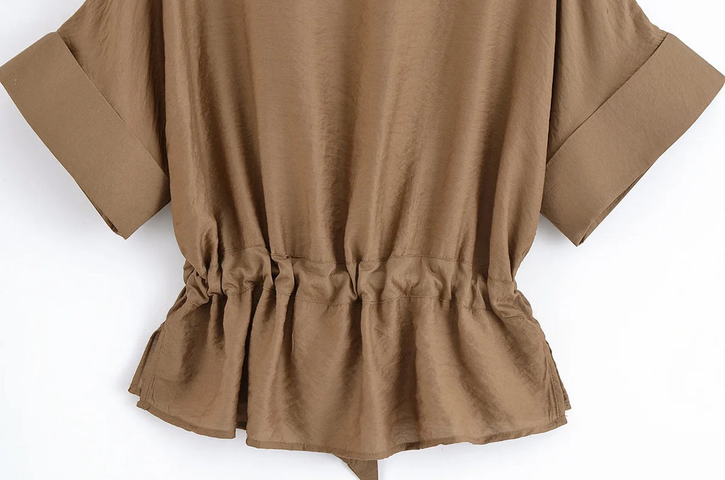 Women Adjustable Drawstring Waist Safari Shirt Short Sleeve Lapel Collar With   Pockets Loose Blouse Streetwear Lady Shirts