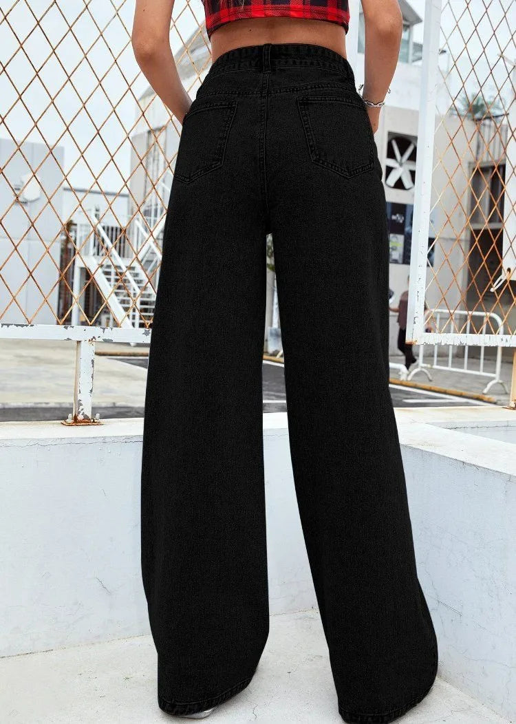 High Waist Loose Fit plus Size Denim Jeans Women's Commuter Straight Leg Pants Casual Sle Polyester Fiber