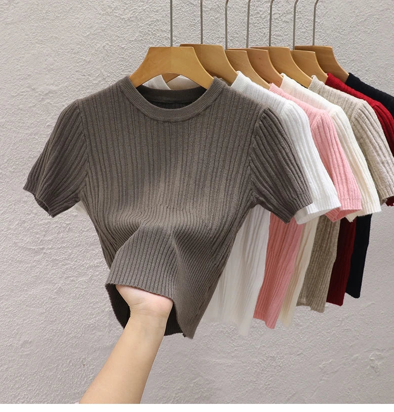 2025 Summer T shirts for Women Casual Female Korean Knit Streetwear Tees Basic Solid Young Cool Tops