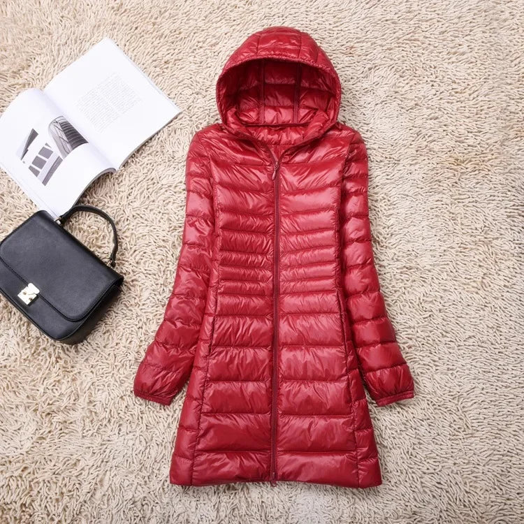 Plus Size White Duck Down Jacket Light-weight Down Jacket Women Inner Cloth Coat Ladies Long Winter Hat Hooded Femal