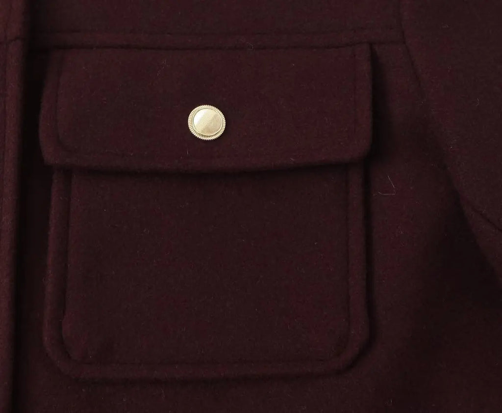 Women's Retro Wine Red Cropped Jacket Stand Collar Long Sleeve Buttoned Epaulettes Patch Pocket Coat Fall Winter New Jacket