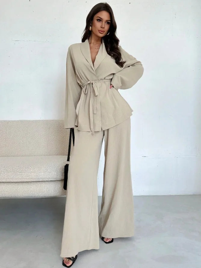 2025 Autumn Winter European American Fashion V-neck Women's Temperament Long-sleeved Elegant Wide-leg Pants Set