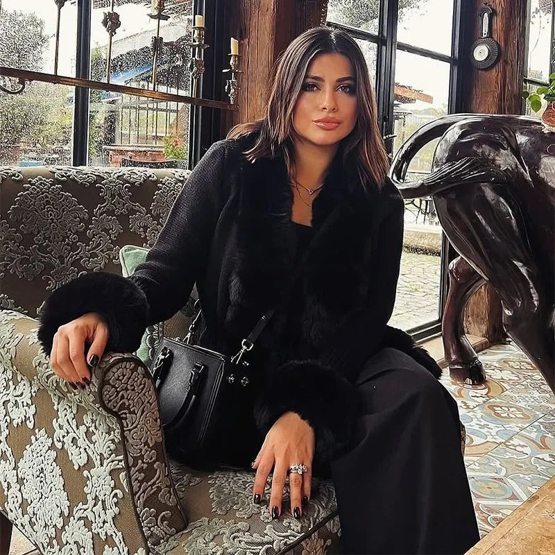 Chic Knitted Faux Fur Patchwork Women's Coat Thicken Warm Lady Coats 2025 Autumn Winter Chic Female Street Outerwears