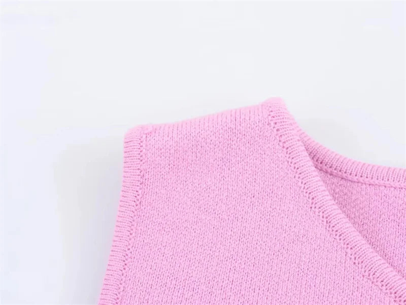 MUJER Knit Sleeveless Vest Woman Fashion Pink Knitted Cropped Vest Women Double Breasted Summer Vest Top Women New In Short Coat