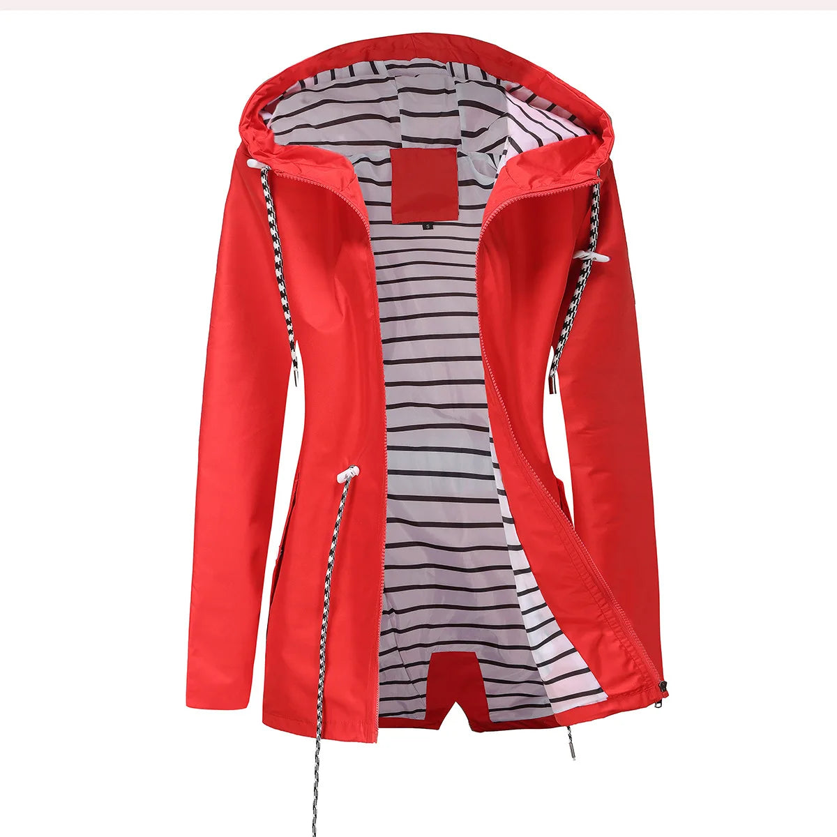 Red Waterproof Hooded Jacket, Women Fashion Casual Coat, Waist Drawstring Tie Zipper Switch Blue Green Yellow Black Windbreaker