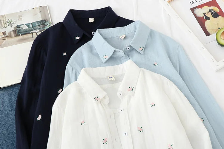 2025 Spring Autumn New Fresh Cotton Yarn Ladies Long Sleeve Shirt Flower Embroidered Women's Casual Shirt Female Blouse Clothes