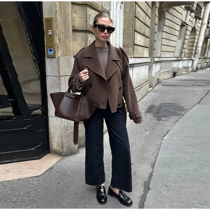 Belts Double Breasted Women's OverCoat Elegant Laple Pocket Full Sleeve Female Coat 2025 Autumn Winter Fashion New Lady Outwears