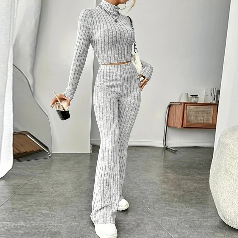 Fashion Women's Knitted Two-piece Set Casual Ribed Long-Sleeve Slim Outfit Trouser Set Female Outfit Clothes