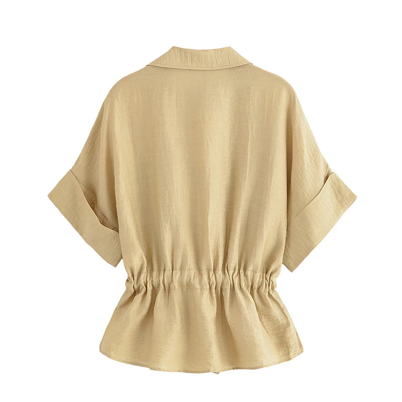 Women Adjustable Drawstring Waist Safari Shirt Short Sleeve Lapel Collar With   Pockets Loose Blouse Streetwear Lady Shirts