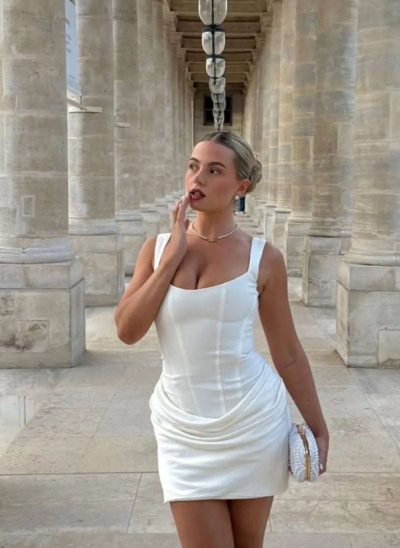 Elegant Brown Short Ruched Dress For Women Sexy Strapless Corset Curvy Bandage Mini Dresses Summer Formal Evening Party White