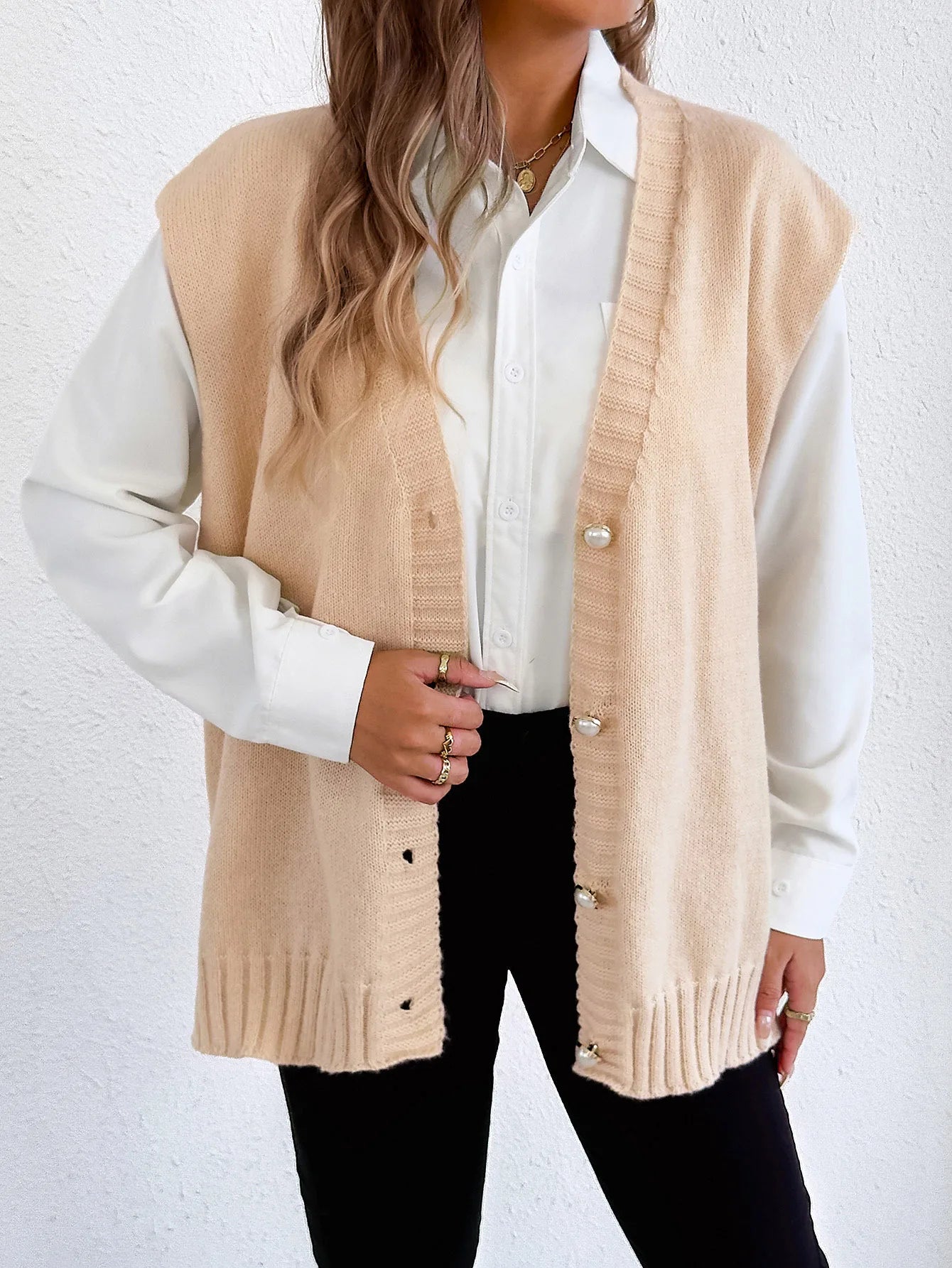 Women's Tops Autumn and Winter Vest Women's Clothing Pearl Button Loose Casual Cardigan Sweater Vest