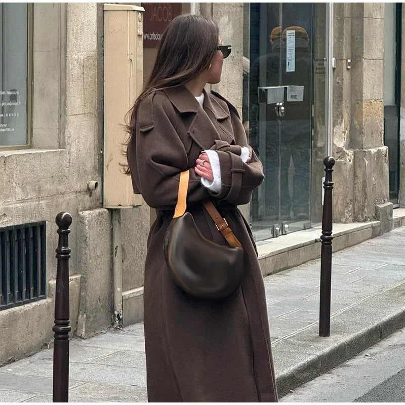 Belts Double Breasted Women's OverCoat Elegant Laple Pocket Full Sleeve Female Coat 2025 Autumn Winter Fashion New Lady Outwears