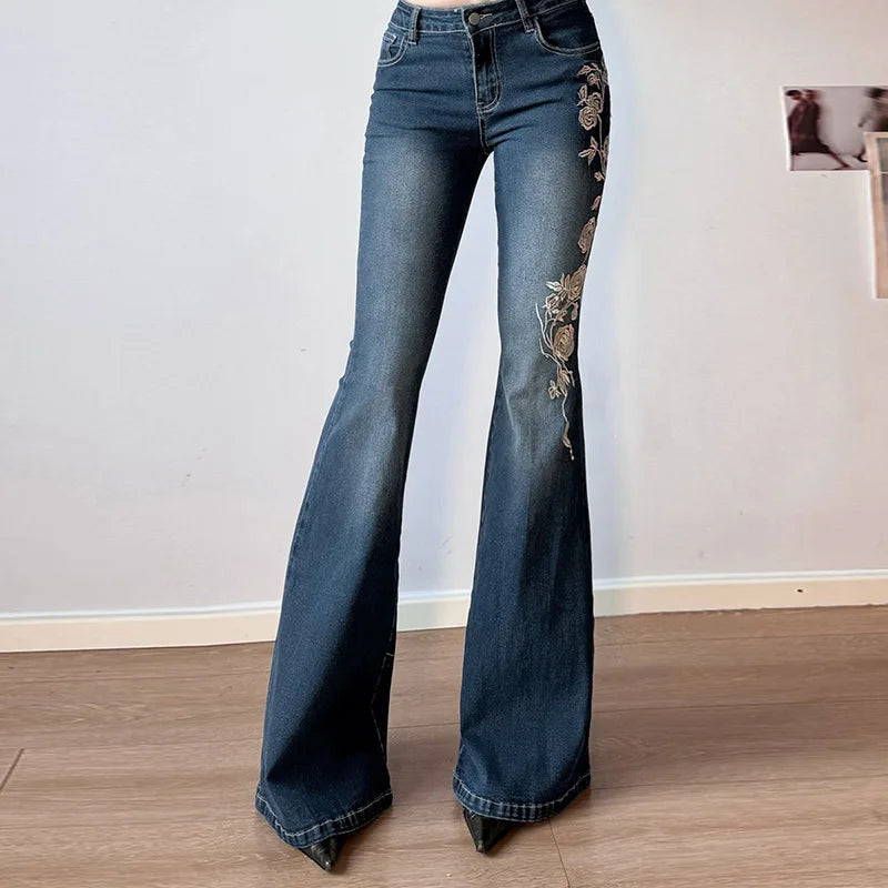 Flare Pants Jeans Women Embroidery Boot Cut Low Waist Washed Distressed Pockets Floor Length Streetwear 2025 Denim Trousers