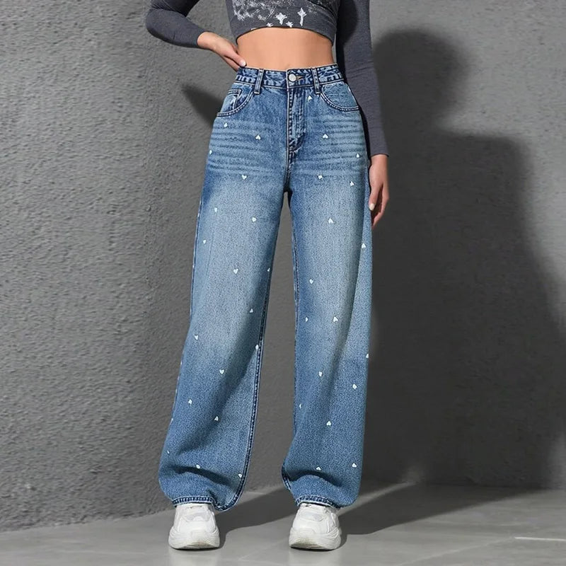 Benuynffy Heart Print High Waist Straight Jeans for Women 2025 New Streetwear Casual All Match Baggy Wide Leg Denim Pants Female