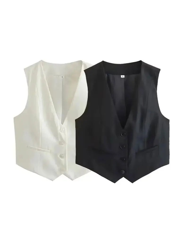 HH Fashion Women Vest Sleeveless Vests for Women Chic V-Neck Single-Breasted Ladies Elegant White Waistcoat Tops