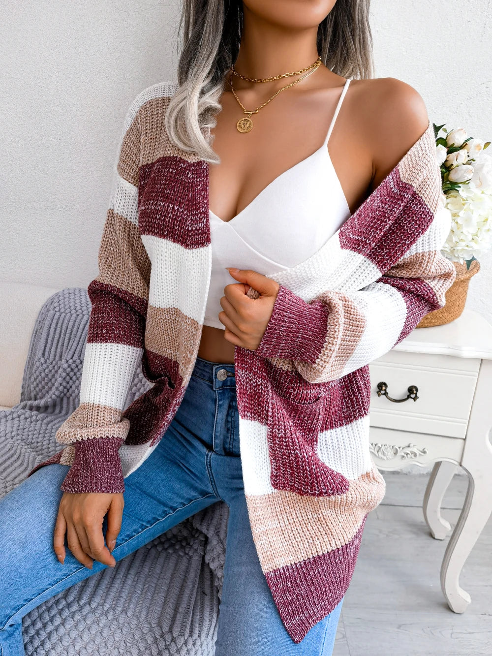 Women Casual Long Sleeve Color Block Striped Knitted Sweater Cardigan for Autumn Winter 2026