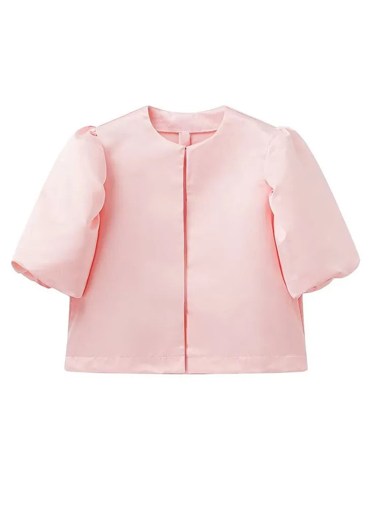 Women's casual satin shirt with puff sleeves, round neck, loose fit and short length, elegant and plain, for spring/summer.