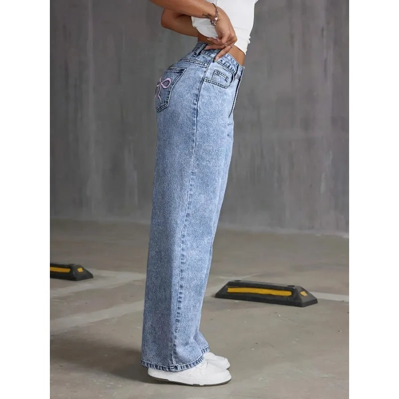 Denim Wide Leg Jeans High waisted  Bow Embroidered Pocket Wide Leg Jeans Fashionable Women's Trousers Casual Style