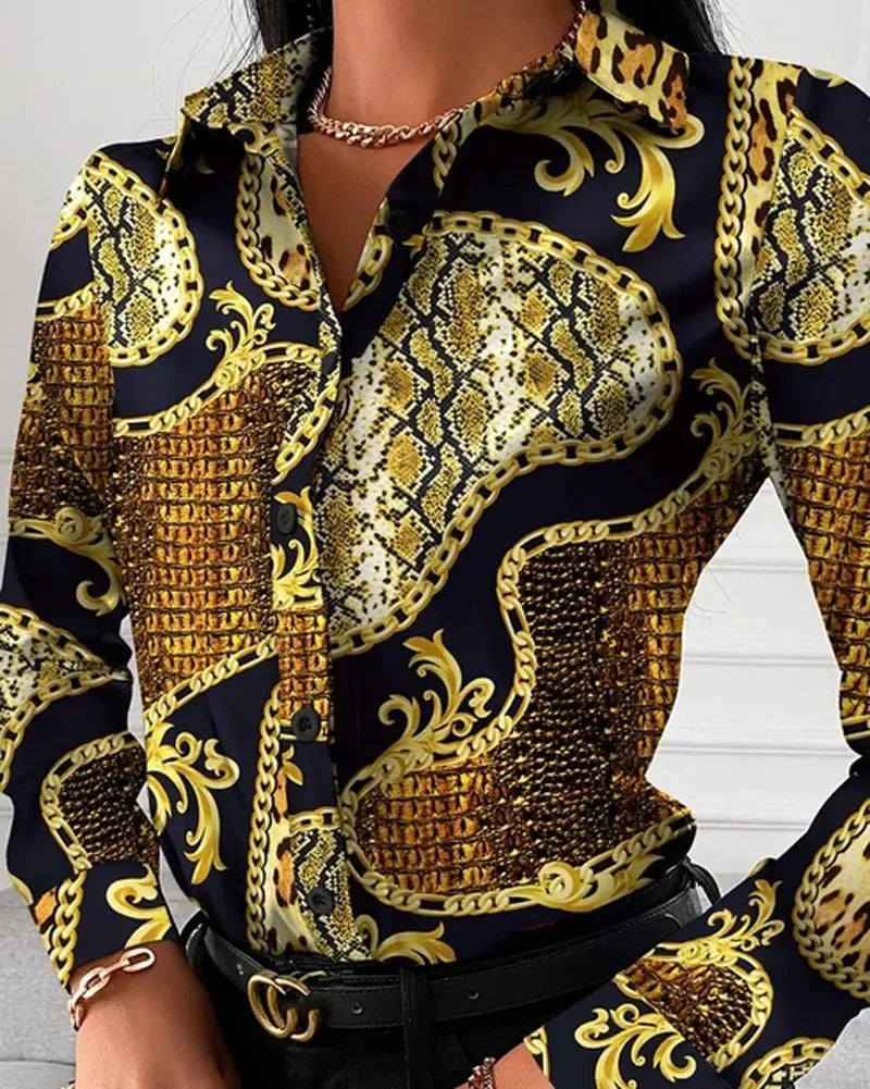 Summer New Women's Long-sleeved Shirt, Single-breasted Printed Shirts Fashion Casual Tops Camisa Female Chemise S-XXL