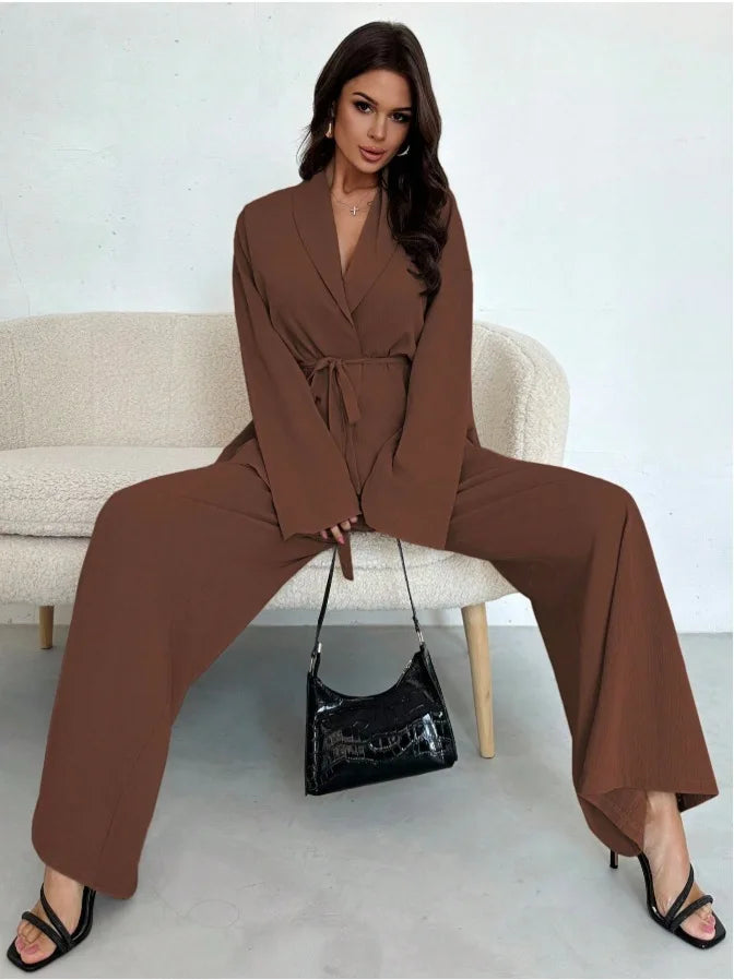 2025 Autumn Winter European American Fashion V-neck Women's Temperament Long-sleeved Elegant Wide-leg Pants Set