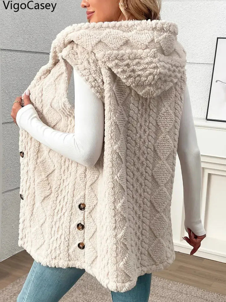 VigoCasey 2025 Casual Sleeveless Thick Vest Coat Woman Solid Hooded Warm Plush Waistcoat Lady Autumn Winter Apricot Vest Jacket