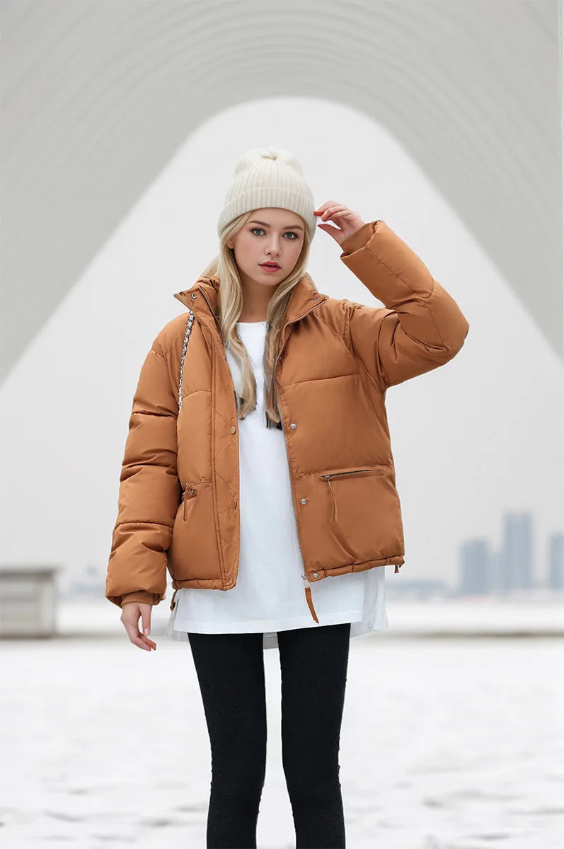 Women's Winter Puffer Coat Stand Collar Zipper Fly Pockets Loose Fit Quilted Coat For Female Thickened Lady's Thermal Coat