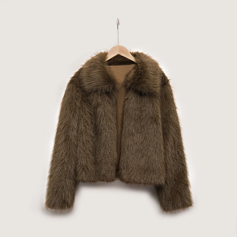 Fashion Vintge Women's Faux Fur Coat Turn-Down Collar Classic Overcoats Basic Fluffy Fox Jackets Lady Elegant Overcoats