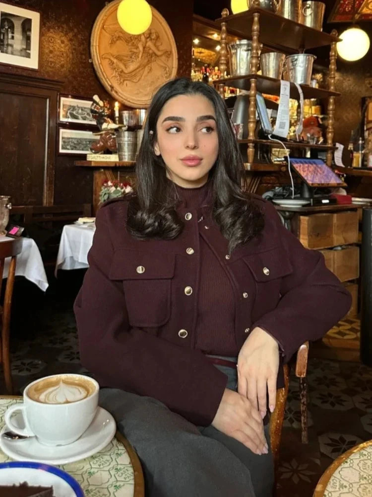 Women's Retro Wine Red Cropped Jacket Stand Collar Long Sleeve Buttoned Epaulettes Patch Pocket Coat Fall Winter New Jacket