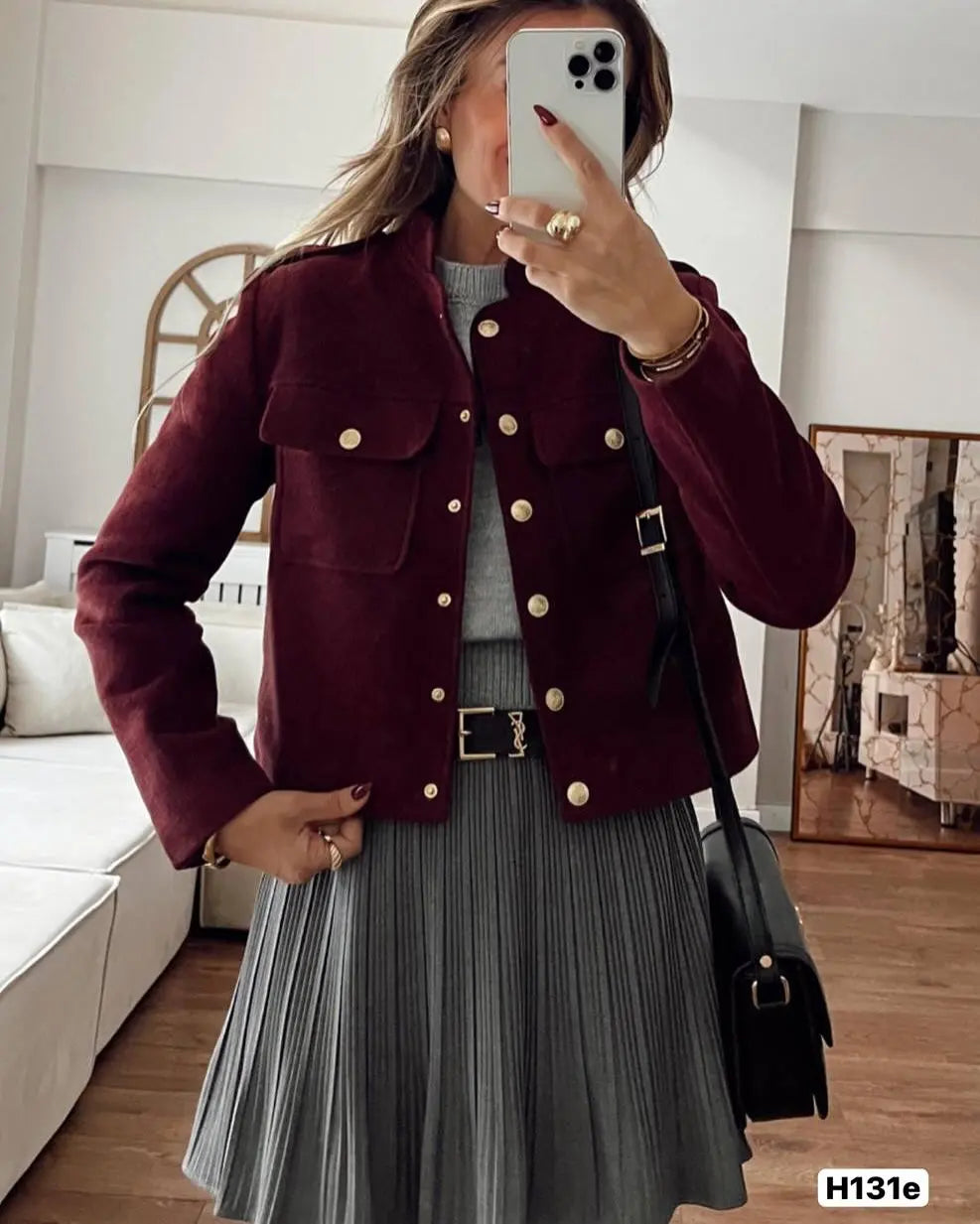 Women's Retro Wine Red Cropped Jacket Stand Collar Long Sleeve Buttoned Epaulettes Patch Pocket Coat Fall Winter New Jacket