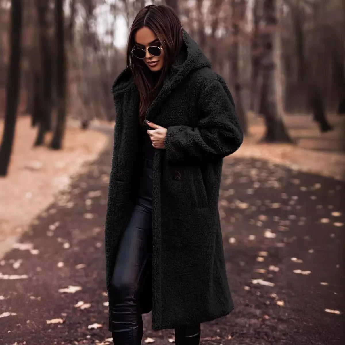 Keep Warm Plush Woolen Coat Women Solid Color Thicken Single Breasted Long Hooded Coats Autumn Winter Female Clothing Streetwear