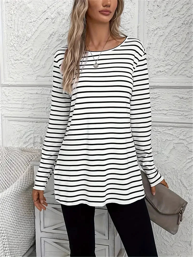 Stripe print crew neck t-shirt casual long sleeve slit t-shirt spring and autumn women's wear