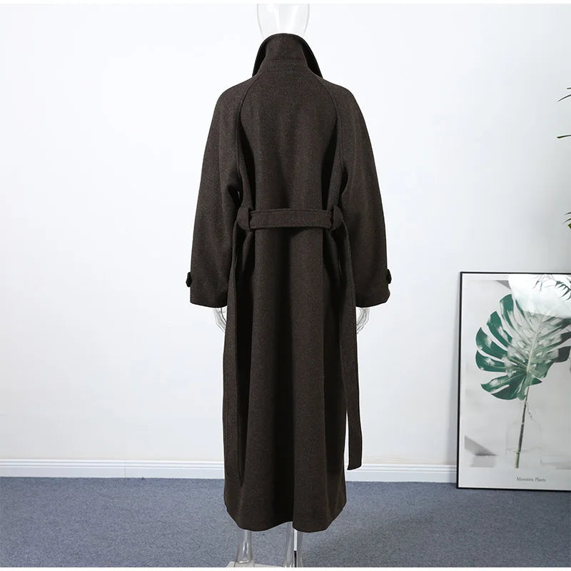 Elegant Grey Belt Long Faux Wollen Coat Women Lapel Double Breasted Street Coats Female 2025 Autumn Winter New Lady Peacoat