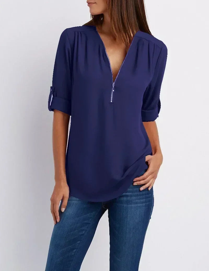 Summer Women Cool Loose Shirt Deep V Neck Chiffon Blouse Casual Ladies Tops Sexy Zipper Pullover Plus Size Long Sleeve Fashion
