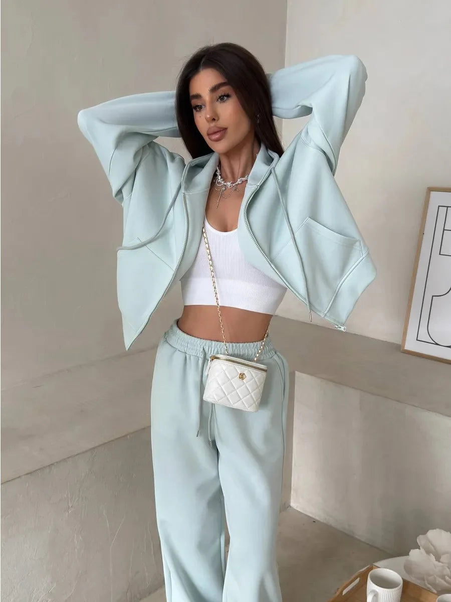 2025 Woman 2 Piece Set Outfit Sports Suit Long-sleeved Zipper Cardigan Hooded Sweatshirt Lace-up Trousers Two-piece Set Trendy