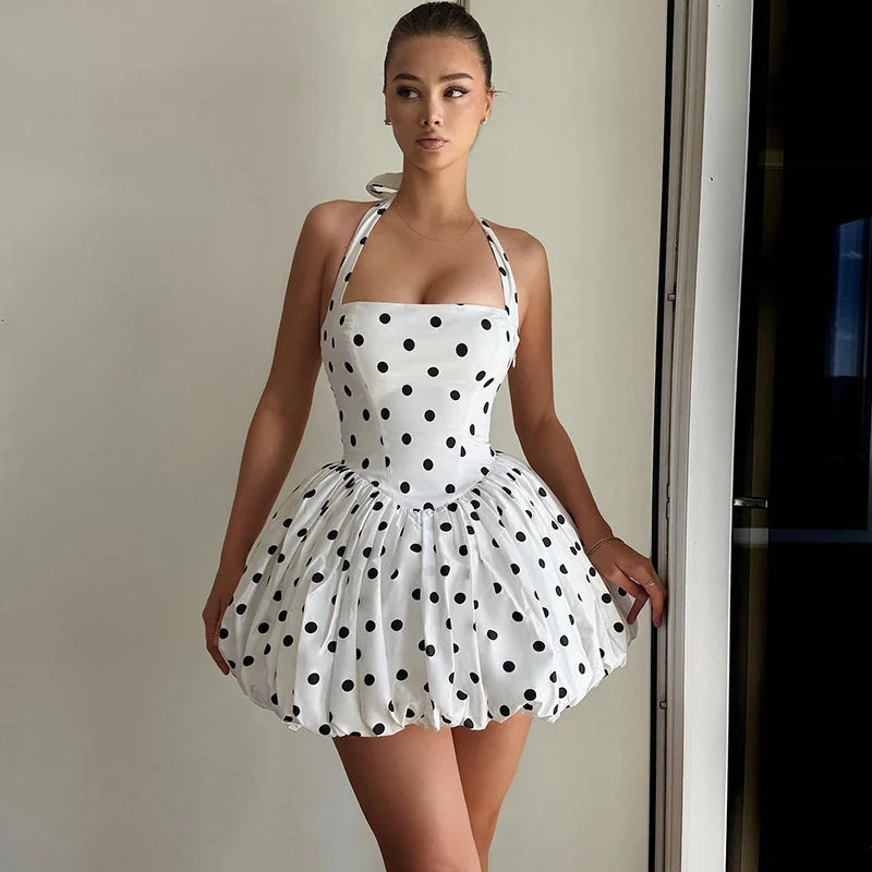 Mozision Halter Print Polka Dot Mini Dress Women Fashion Off-shoulder Sleeveless Backless High Waist A-line Club Party Dress