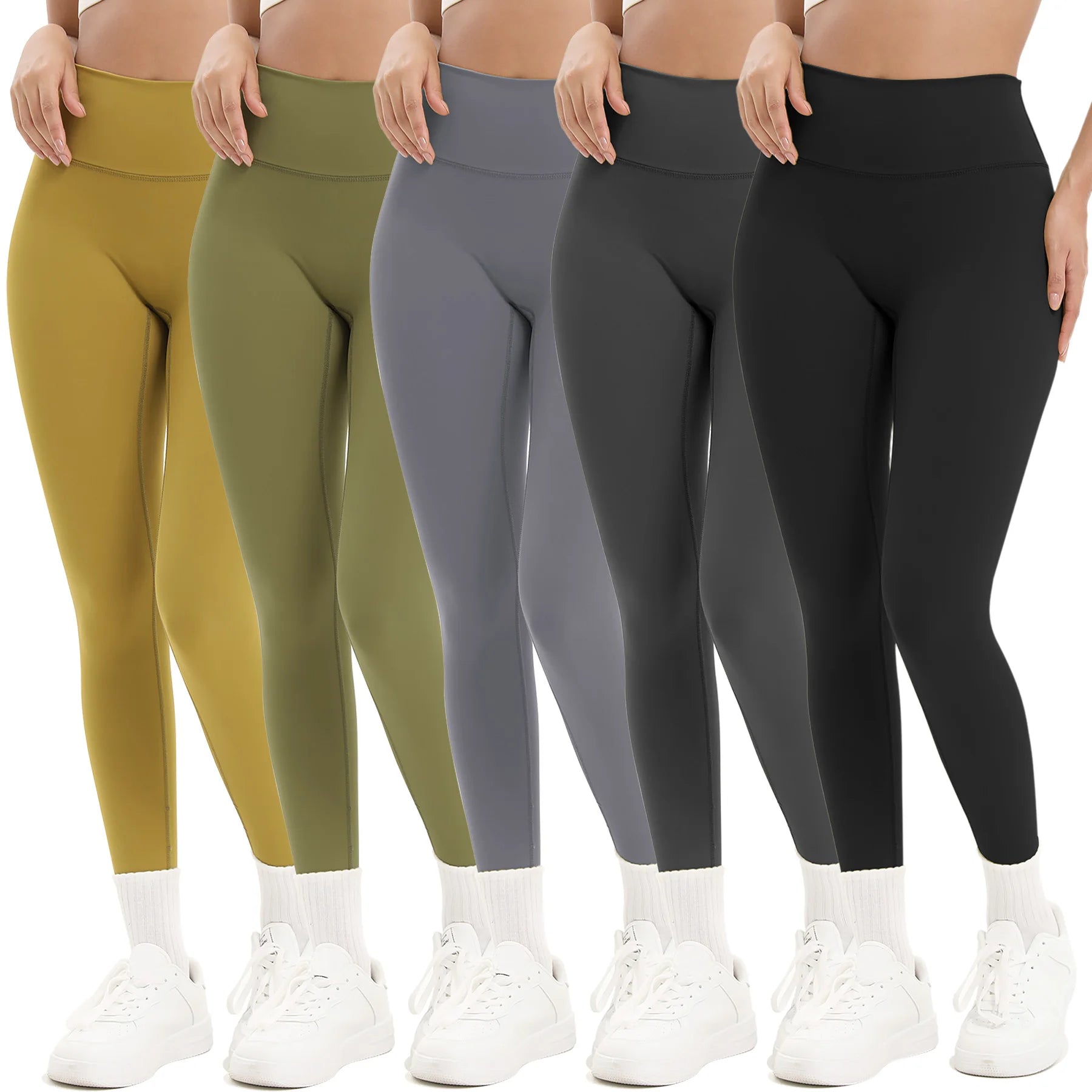 5pcs Women Sport Cropped Pants Solid Color Back Waist Pocket High Waist Yoga Legging Butter Athletic Gym Comprehensive Training