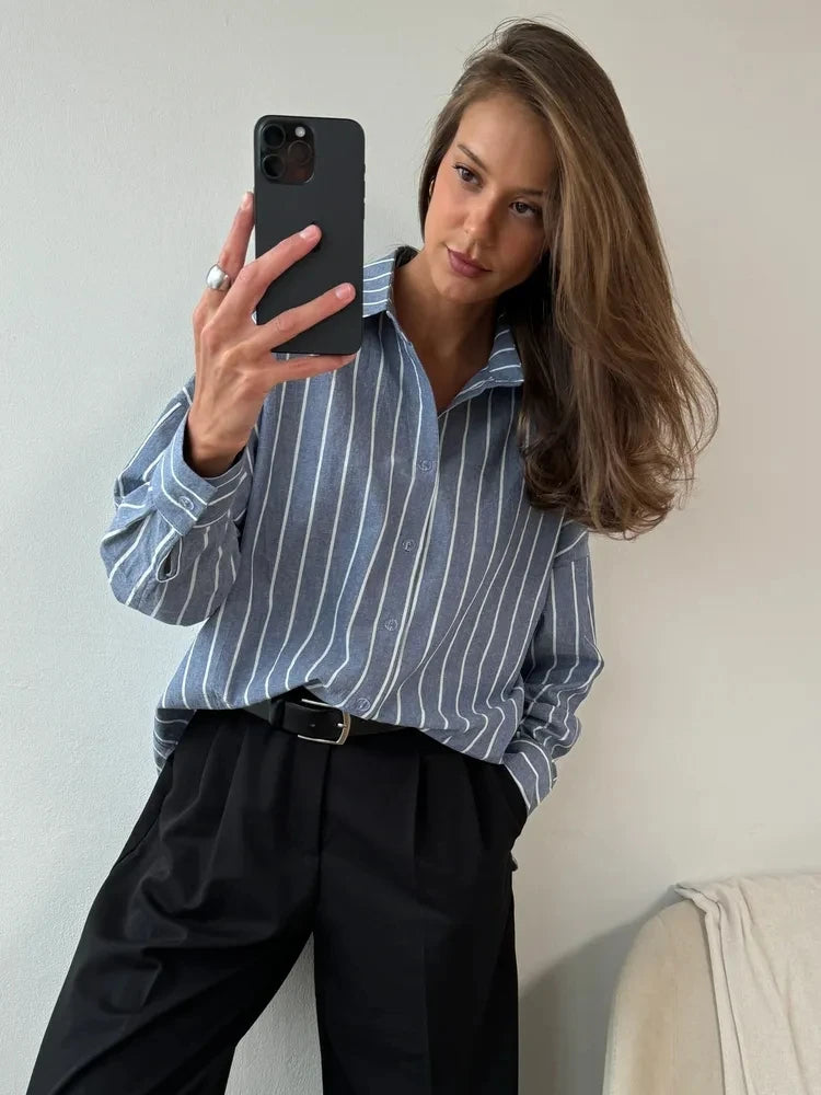 2025 summer striped shirt for women's clothing with a lazy and long sleeved design, hot selling breathable cardigan