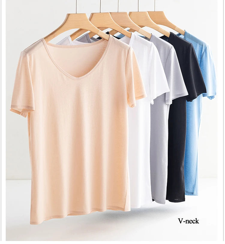 Summer Short Sleeve T-Shirt Women Tee Shirts Real Silk Linen Cotton T Shirt Women's Casual Tees V-neck Woman Tshirt Solid Tops