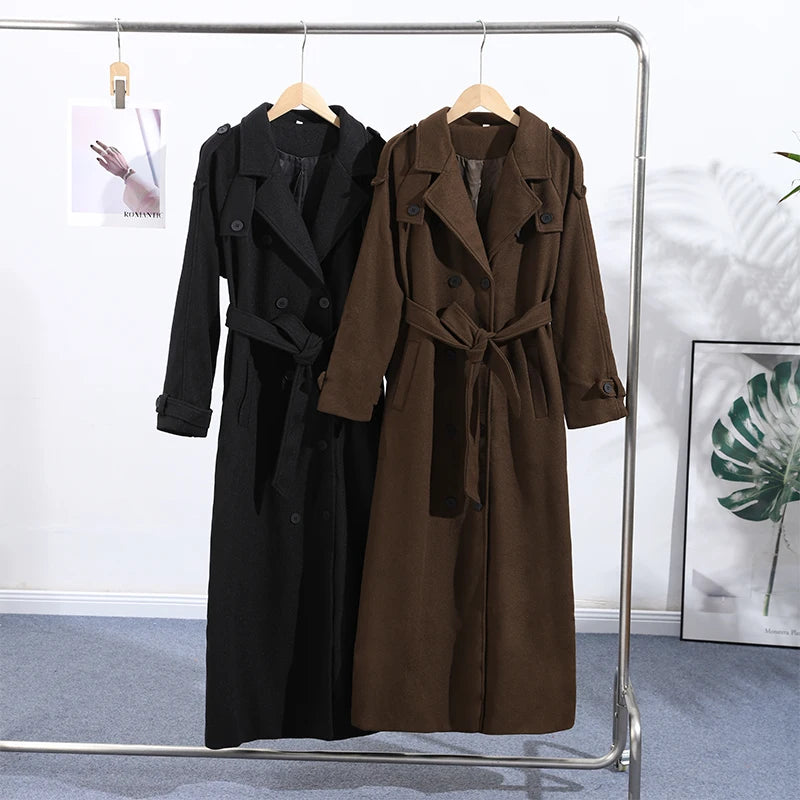 Belts Double Breasted Women's OverCoat Elegant Laple Pocket Full Sleeve Female Coat 2025 Autumn Winter Fashion New Lady Outwears