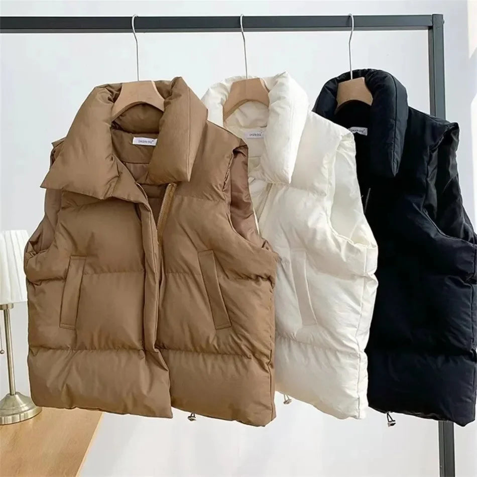 New in Autumn Winter Women Loose Fashion Stand Collar Elegant Down Coats Warm Outerwear Casual Sleeveless female Vests Jackets