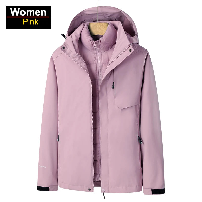 CHRLCK Women's 3 In 1 Thick Hiking Jacket Down Cotton Waterproof Winter Windbreaker Outdoor Warm Camping Jacket Windproof Coat