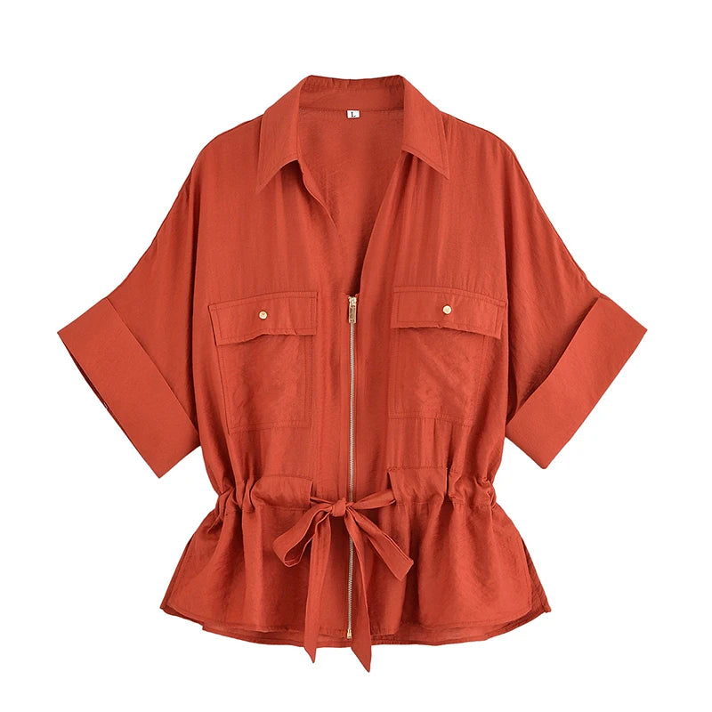 Women Adjustable Drawstring Waist Safari Shirt Short Sleeve Lapel Collar With   Pockets Loose Blouse Streetwear Lady Shirts