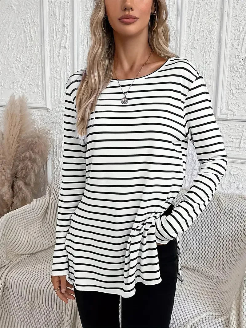Stripe print crew neck t-shirt casual long sleeve slit t-shirt spring and autumn women's wear
