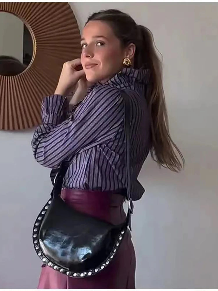 Yaphleet Women Elegant Ruffles Loose Purple Shirts 2025 Fashion Ladies Casual Blouses for Festival Female Chic Tops Clothes