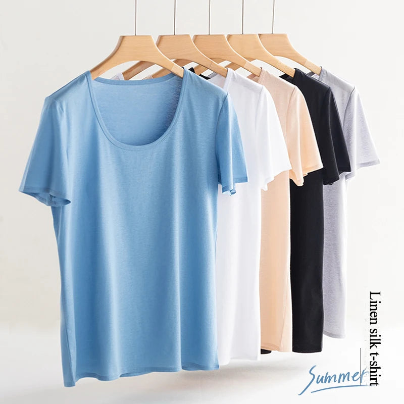 Summer Short Sleeve T-Shirt Women Tee Shirts Real Silk Linen Cotton T Shirt Women's Casual Tees V-neck Woman Tshirt Solid Tops